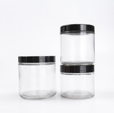 China Heatable Wide Mouth 120ml 250ml 500ml Straight Sided Wholesale Food Glass Jar With Plastic Black Lid for sale