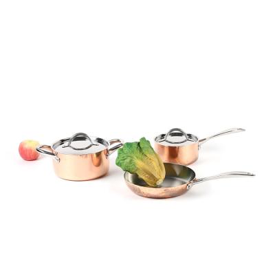 China Sustainable 3pcs Non Stick Triple Copper Cooking Sets Cookware Sets Kitchenware Sets With Glass Cover for sale