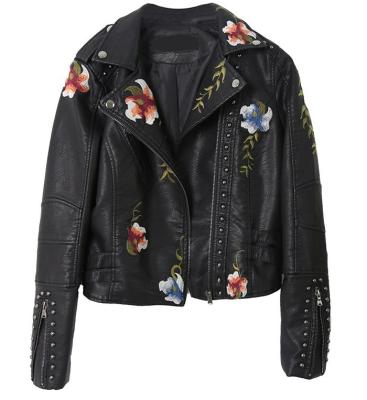 China Breathable Women Print Embroidery Winter Jacket Leather Coat Turn Down Collar PU Women Leather Jacket Casual Punk Outerwear for sale