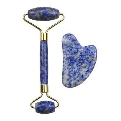 China Whitening High Quality Blue Jasper Jade Roller Set Blue Jade Roller Sodalite Guasha Facial Kit for sale