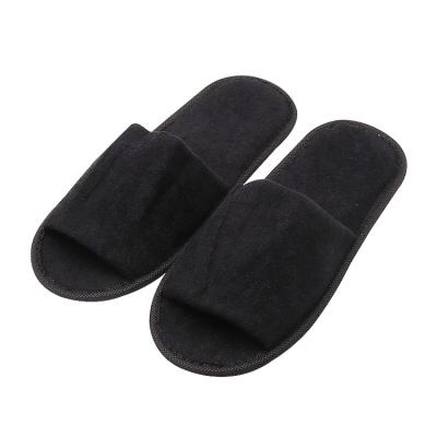 China Fashion Trend UG Black Guestroom SPA Toiletries Supplies Wholesale Customized Open Toe Breathable Cotton Terry Motel Hotel Disposable Slippers for sale