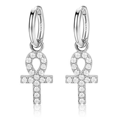 China Hiphop Fashion Sterling Silver Ankh Earrings S925 Gold White Gold Plated Earrings Hop Iced Hop Out Jewelry for sale