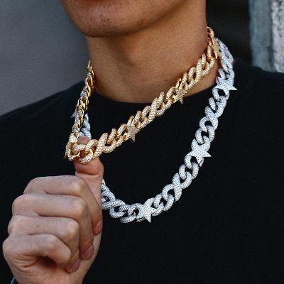 China Chain Necklace Hip Hop Jewelry 15MM Gold Plated Iced Out CZ Fork Cuban Link Chain Necklace Diamond Cuban Chain for sale