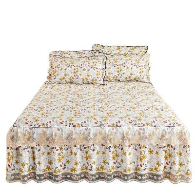 China Small Palace Modern Style Fashion Cotton Lace Bedspread Bedskirt Floral Leaf Set Quilted Thick Cotton Bedspread Bedskirt for sale