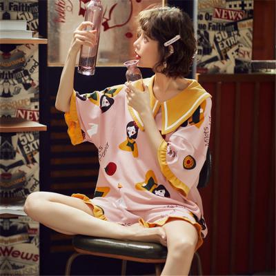 China Breathable Cute Korean Soft Cotton Section Sleepwear Women's Short Sleeve Thin Pajamas Set for sale