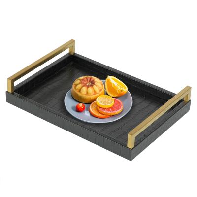 China Eco-friendly Decor Tray Black Leather Serving Tray With Metal Handle for sale