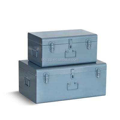 China Hot Sale Eco-friendly Mint Green Metal Storage Box Decorative Set of 2 Metal Trunks with Lockable for sale