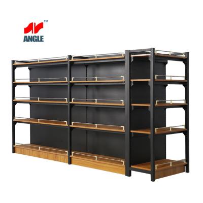 China Modern multi-layer steel and supermarket double-sided steel wooden shelf panel for sale