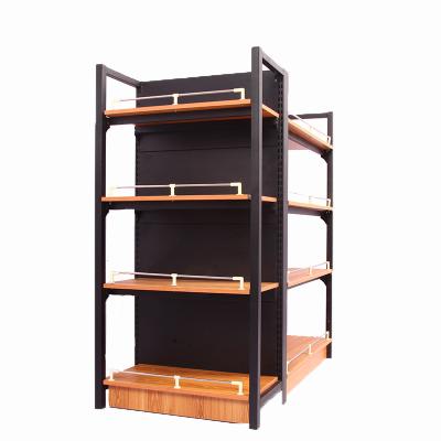 China Double Sided / Single Sided Black Steel Wooden Combo Shelf Retail Rack For Home Convenient Store Market Shop Grocery Home for sale