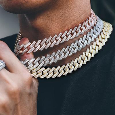 China Hip Hop Jewelry 12MM Non-fading White Gold Plated Iced Out Cuban Link CZ Fork Diamond Cuban Chain Necklace for sale