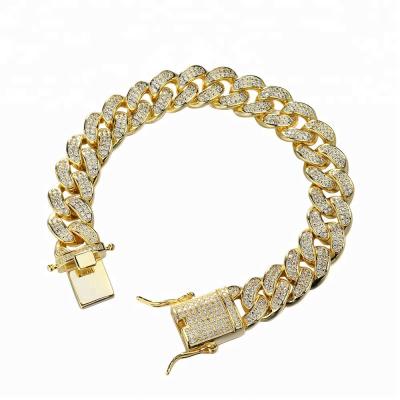 China Ice Hiphop Stone 14mm CZ Diamond Gold Chunky 22k Gold Cuban Bracelet for sale