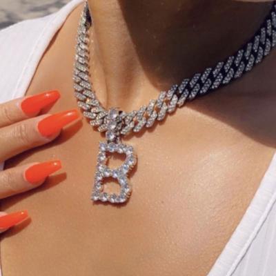 China Hiphop Iced Out Cuban Link Letter-Chain Pendant With Diamond Tennis Chain Women's Chocker Letter Necklace Jewelry Initial Necklace 