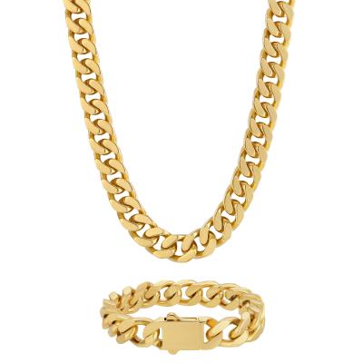 China Hiphop Hip Hop Jewelry 18K Gold Miami Stainless Steel Bracelet Necklaces White Cuban Link Cuban Chain For Men for sale