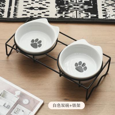 China Double Viable Good Quality Ceramic Cat Food Basin With Metal Frame For Hospital Or Pet Gift Shops Neck Guard Shape Pets Bowl for sale