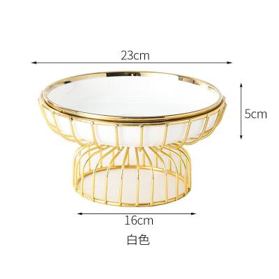 China Creative 9 inch gold style high foot frame dessert table fruit decoration flat snack Nordic ceramic viable tray living room for sale