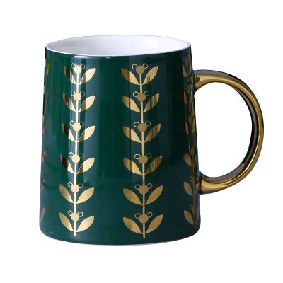 China Viable Fast Shipping Handle Porcelain Mug With Gold Leaves Design Color Box For Discount Store for sale