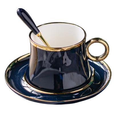 China 2021 New Viable Shape Ceramic Cup&Saucer Tea Set High Quality Factory Porcelain Cappuccino With Inox Spoon for sale