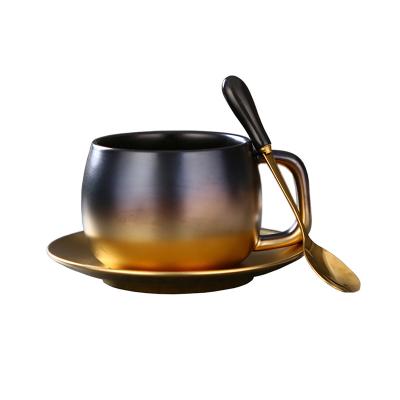 China Factory New Minimalist Design Porcelain Coffee Set Ceramic Gradual Gold Matted Finish Cup And Saucer With Spoon for sale