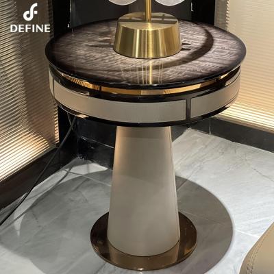 China 2022 Hot Modern Turned Luxury Villa Base Furniture Stainless Steel PU Wood Side Table for sale