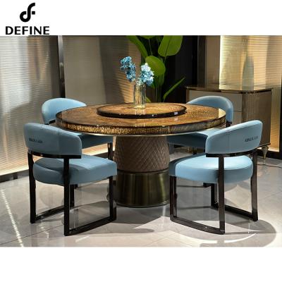 China Upholstered Home Restaurant Dining Furniture 6 Wooden Luxury Leather Round Seats Leg Glossy Paint Table Sets for sale