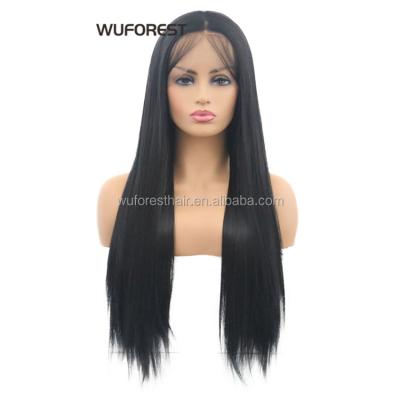 China WUFOREST Black Color Long Straight Glueless Lace Front Human Hair Synthetic Wigs With Baby Heat Resistant Fiber 26 Inches Wig for sale