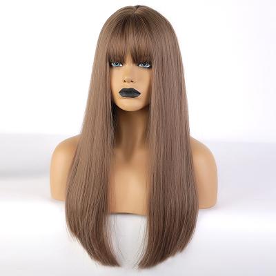 China New WUFOREST Long Straight Wig With Bangs Brown Hair High Temperature Resistance Synthetic Wigs Machine Made for sale