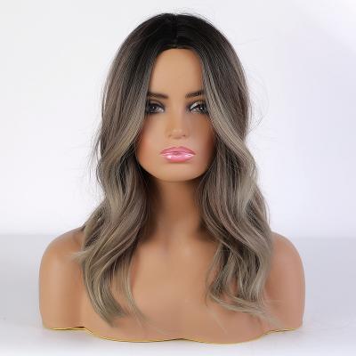 China WUFOREST New Wavy Body Wave Ombre Mixed Color Wig Black and Brown Highlight Synthetic Hair High Temperature Resistance Wigs Machine Made for sale