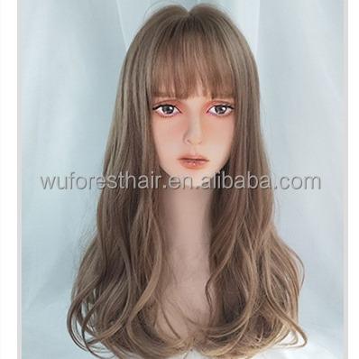 China WUFOREST Cosplay Wigs New Fashion Long Hair Products Heat Resistant Synthetic Natural Brown Wavy Curly Soft Comfortable Warm Wig With Neat Bangs for sale