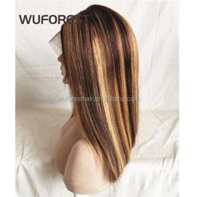 China WUFOREST Straight Long Bob Ombre Honey Blonde Black Straight with Brown Accent Lace Front Human Hair Wig Full Lace Front Wigs for sale