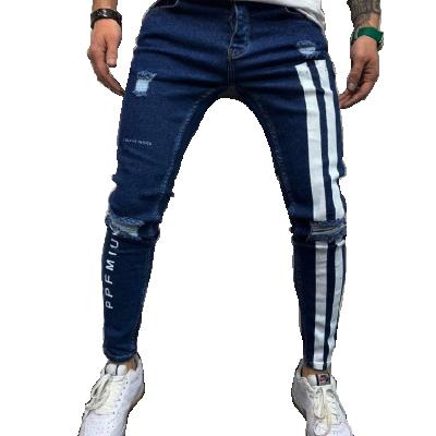 China Fashion Street Wear Paint Splatter Design Mens Motorcycle Denim Stripe Jogger Distressing Jeans for sale