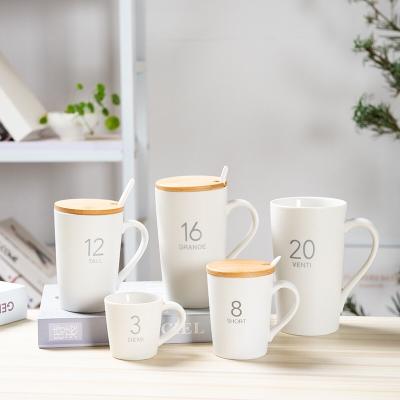 China Viable Wholesale Creative Nordic Ceramic Mugs With Matte Bamboo Lid Numbers Porcelain Mugs Set for sale