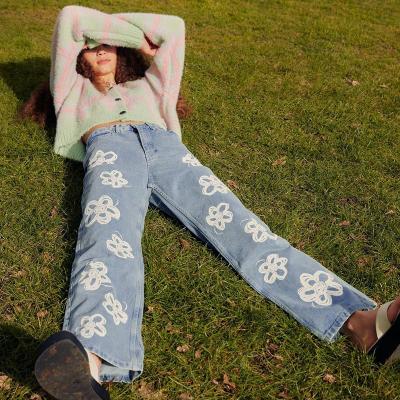 China Summer New Breathable Light Blue Denim Fashion High Waist Flower Printed Straight Leg Jeans Women for sale