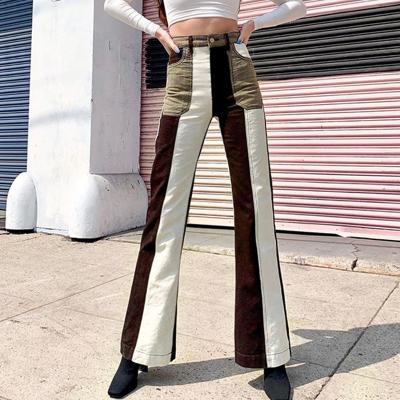 China 2021 breathable high waist flared pants jeans with pocket contrast color jeans stitching denim for women pants for sale