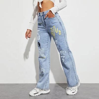 China 2023 Custom High Quality Anti-wrinkle Slogan and Yin and Yang Print With Pockets Plus Size Women's Jeans for sale