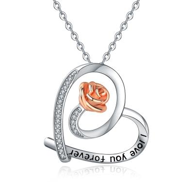 China Fashion Merryshine S925 Sterling Silver Heart Shaped Rose Flower Pendant Necklace for sale