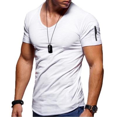 China Anti-wrinkle men's T-shirt arm zipper customized big men's V-neck solid color men's short sleeve T-shirt customization for sale