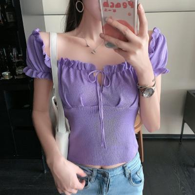 China Sexy And Cute Summer Chest Anti-wrinkle Straps With Puff Sleeve Fungus Edge Pleated French Short Sleeve Lace Up Top T-Shirt for sale