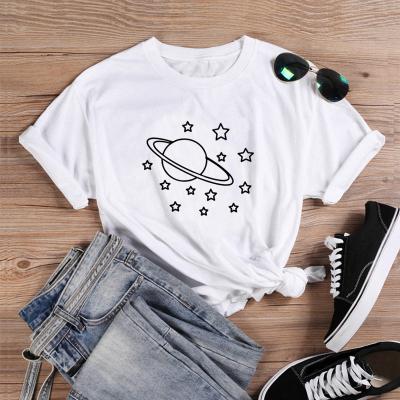 China Hot Selling Anti-Wrinkle Planet Star Profile New Simple Printing Ladies Short Sleeve T-shirt 100% Cotton for sale