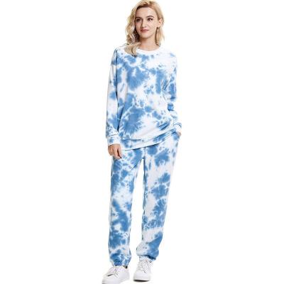 China Breathable Women's Bleached Tie Dye Tracksuit Cotton Sweatsuit Long Sleeve Top Loose Sweater Sweatshirt Pullover Set Women for sale