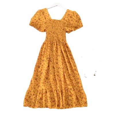 China Anti-Static Floral Print Vintage Square Neck Elastic Ruffle Stitching Short Sheath Dress Women Summer Long Waist Slimming Dress Casual Dress for sale