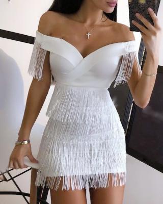 China Anti-Static Tassel Fringe Sleeveless Tassel Anti-Static Women One-Shoulder Bodycon Women Party Wear Casual Dresses White Sweater Dress for sale