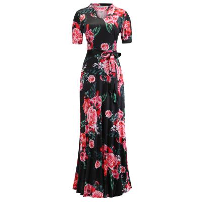 China Women's Digital Printed Casual Maxi Dress Short Sleeve Floral Swing Edge Anti-Static Big Long Maxi Dress With Belt S-XXXXXL for sale