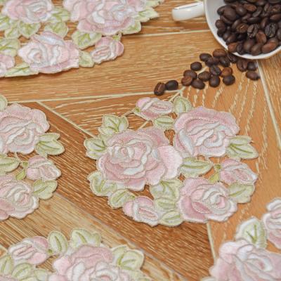 China Durable Lufu Artificial Embroidery Hollow Out Satin Fabric Beige Pink Rose Embroidery Cup Mat Disc Pad for sale