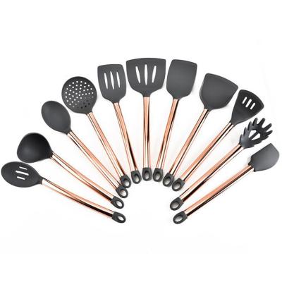 China Viable Kitchen Utensils Silicone Rose Gold 11PC Silicone Home Cookware Heat Resistant Titanium Plating Set for sale