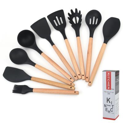 China 2021 Sustainable Heat Resistant Kitchen Cooking 9 PCSilicone Wooden Accessories Kitchen Utensil Set Cocina Handle Serving Tools for sale