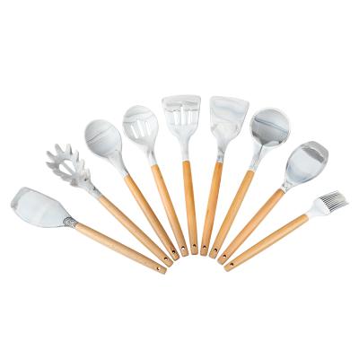 China Viable Wholesale Kitchenware 9 Pcs Silicone Kitchen Utensil Marble Color Cooking Tool Kit Beech Wood Handle for sale