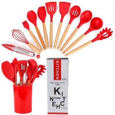 China Sustainable Top Trend 12PC Silicone Kitchen Utensil Set Beech Handle 12PC Utensil Tools Colorful Spatula Set for sale