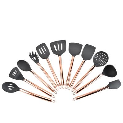 China Viable Set of 11 Handle Silicone Utensil Heat Resistant Soup Pouch Set Rose Gold Plating Stainless Steel Turner for sale