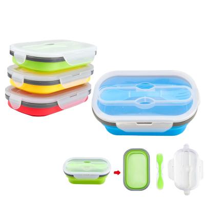 China New Designed Silicone Folding Food Container Safe Freshness Storage Microwave Bento Lunch Box With Spoon Fork Silicone Folding Lunch Box for sale