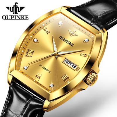 China Day/date Oupinke 3200 popular sports style new fashion mechanical waterproof leather trend watch men's square watch for sale